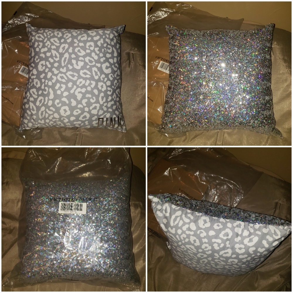 RARE HTF Victoria's Secret PINK snow leopard cheetah print sequin bling pillow